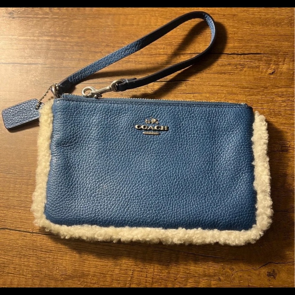 Coach Leather Shearling Blue Wristlet Wallet